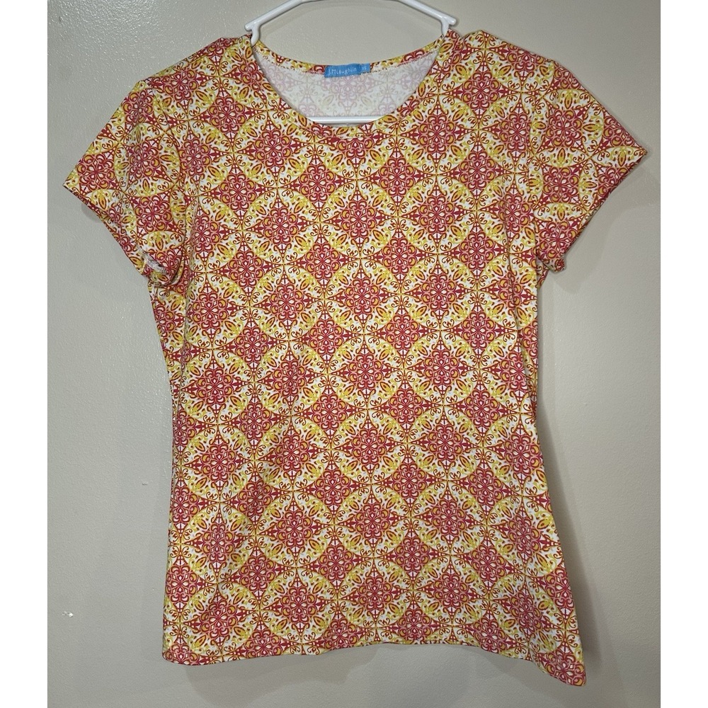 J.McLaughlin Medallion Geometric Print Short Sleeve Tee Orange Yellow‎ XS